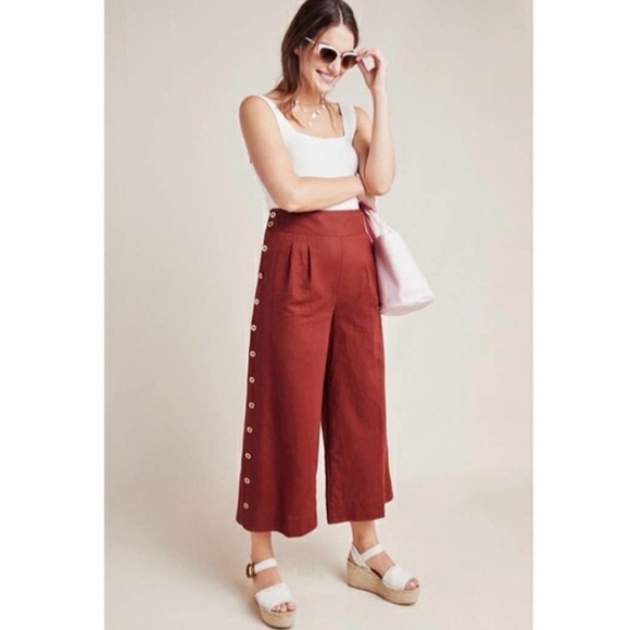 Anthropologie Pants - Anthropologie Angie High Rise Linen Blend Cropped Side Button Wide Leg Pants